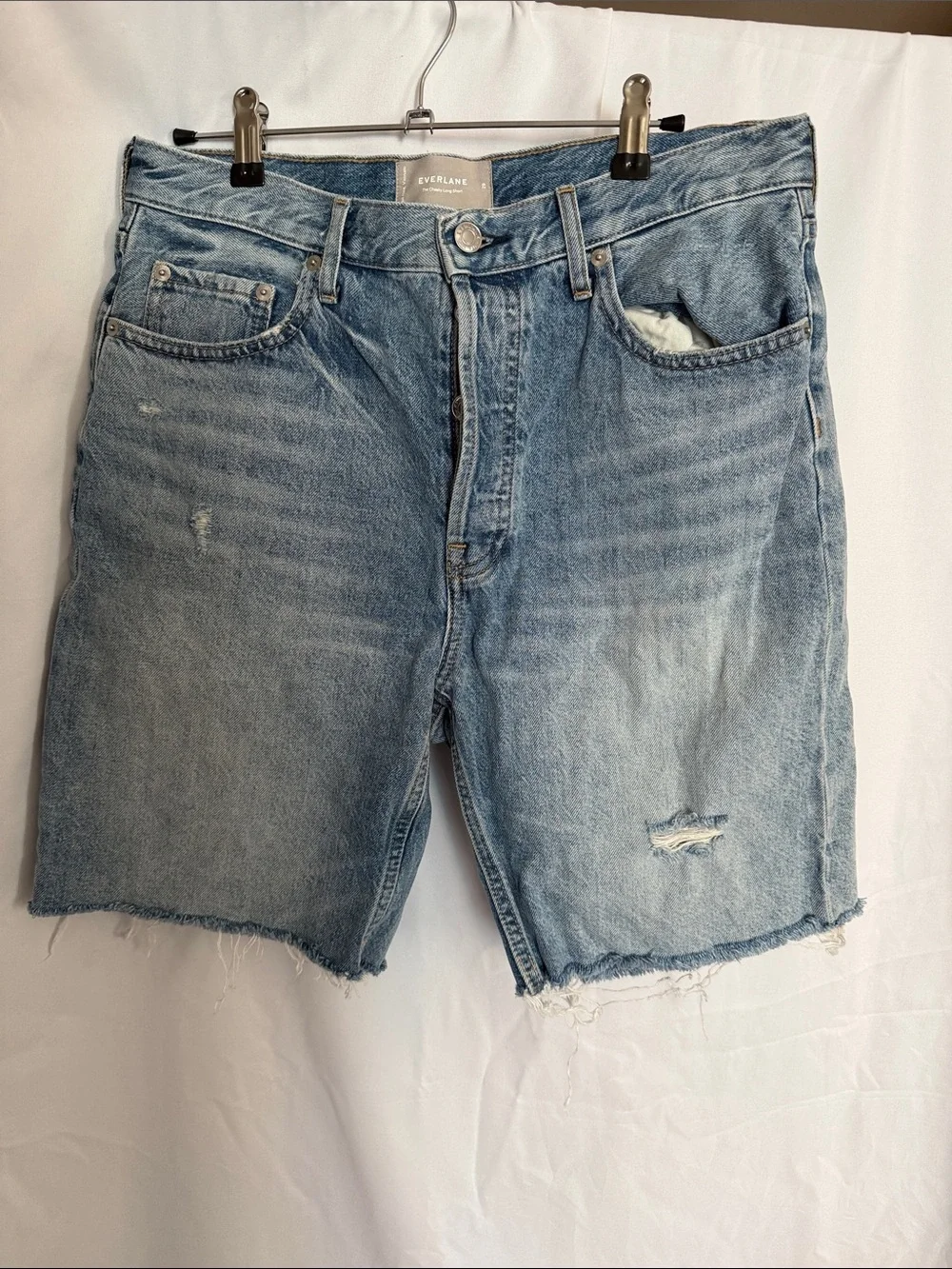 Everlane Cheeky long short Light Wash Distressed Denim Cutoff Shorts
